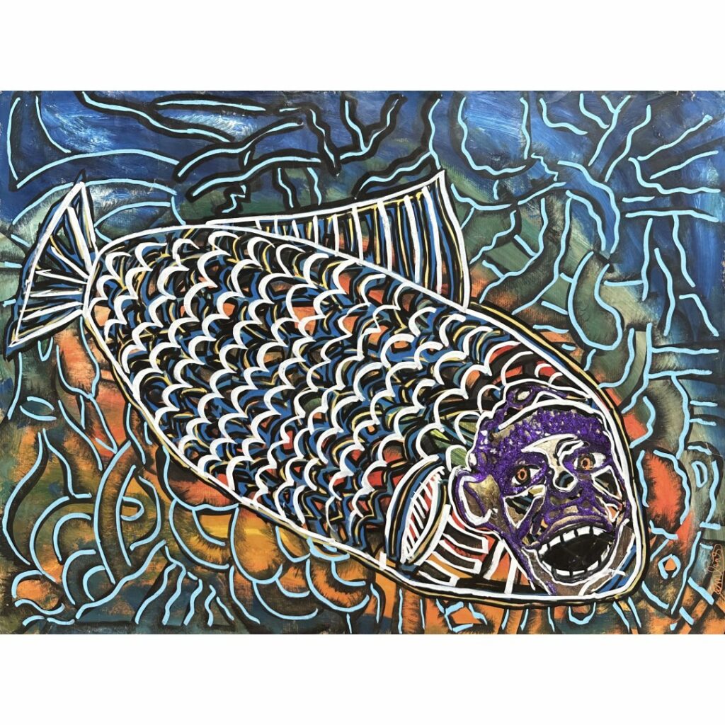 Robert Combas (né en 1957), Le poisson blanc transparent qui nage dans les  couleurs colorées à la peinture à l'eau